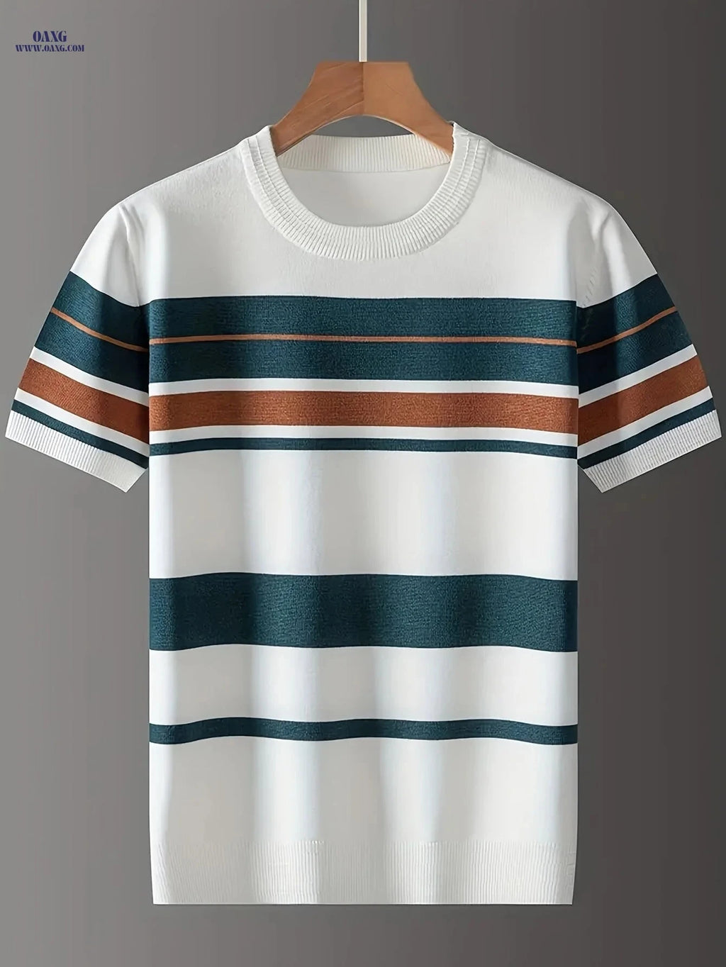 Men's Striped Knit Short-Sleeve Sweater - Casual Crew Neck Style   OAXG 