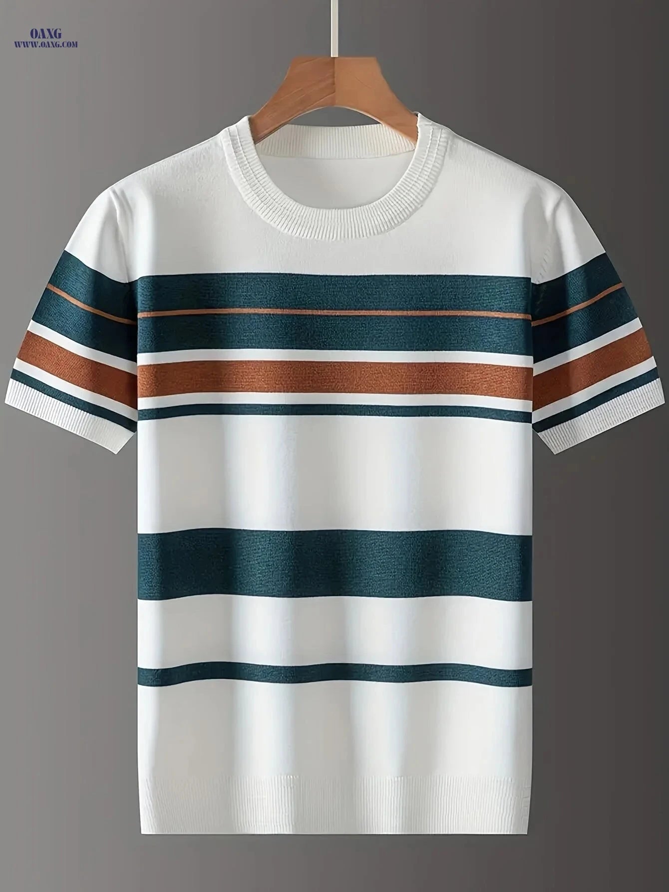 Men's Striped Knit Short-Sleeve Sweater - Casual Crew Neck Style   OAXG 