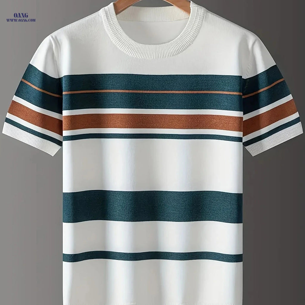 Men's Striped Knit Short-Sleeve Sweater - Casual Crew Neck Style   OAXG White / FR S