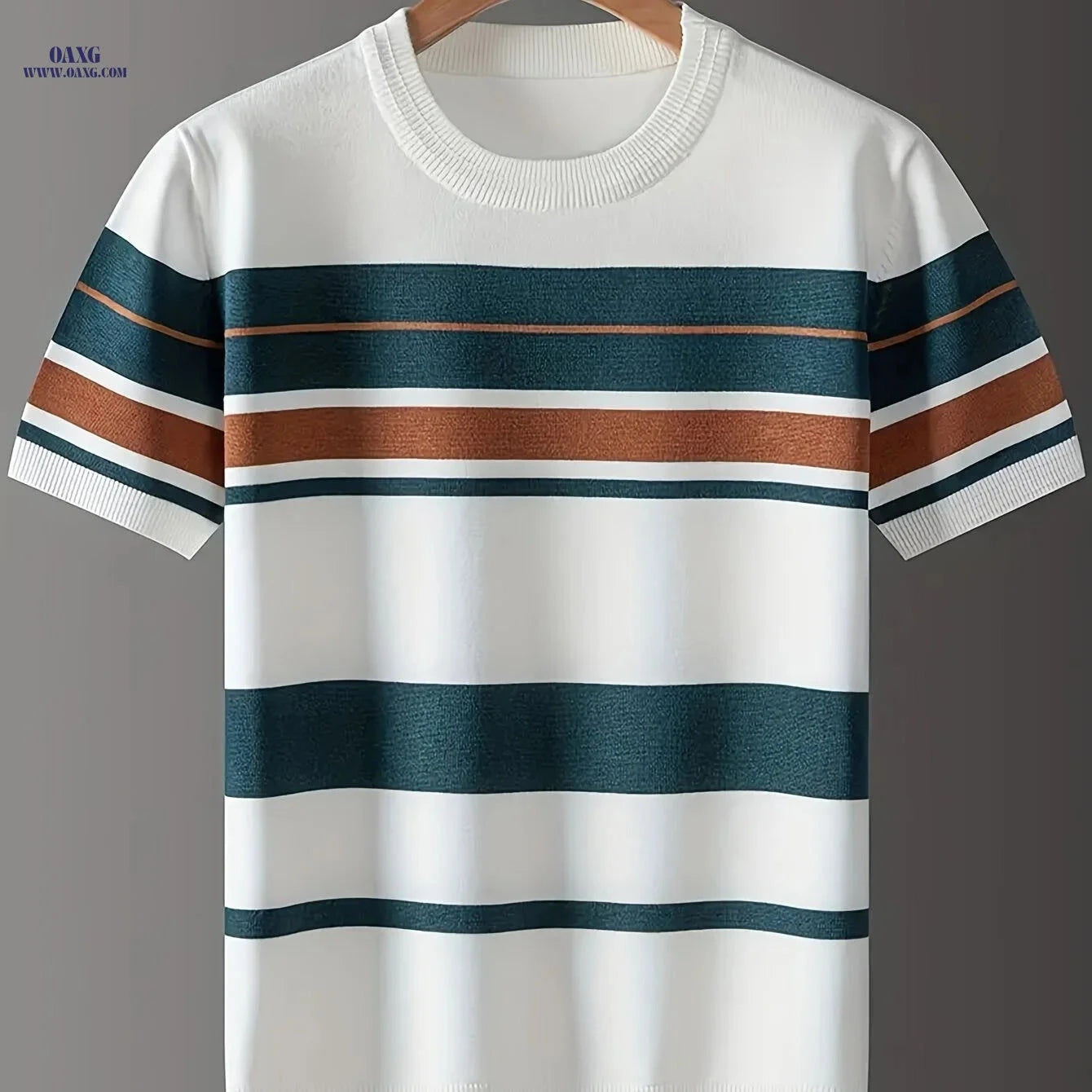 Men's Striped Knit Short-Sleeve Sweater - Casual Crew Neck Style   OAXG White / FR S