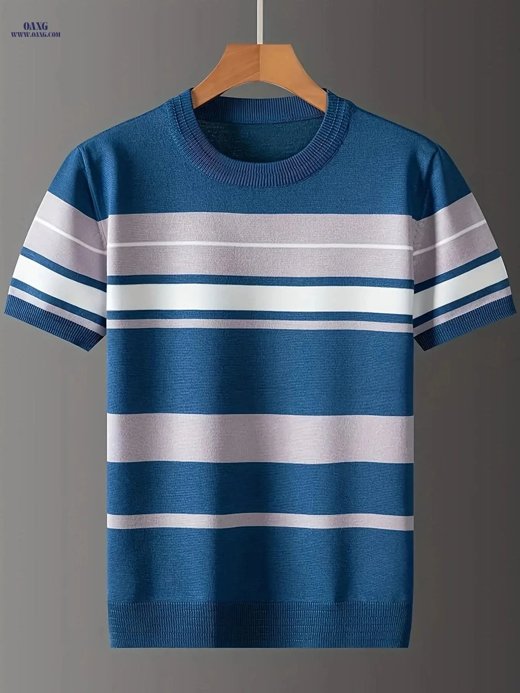 Men's Striped Knit Short-Sleeve Sweater - Casual Crew Neck Style   OAXG 
