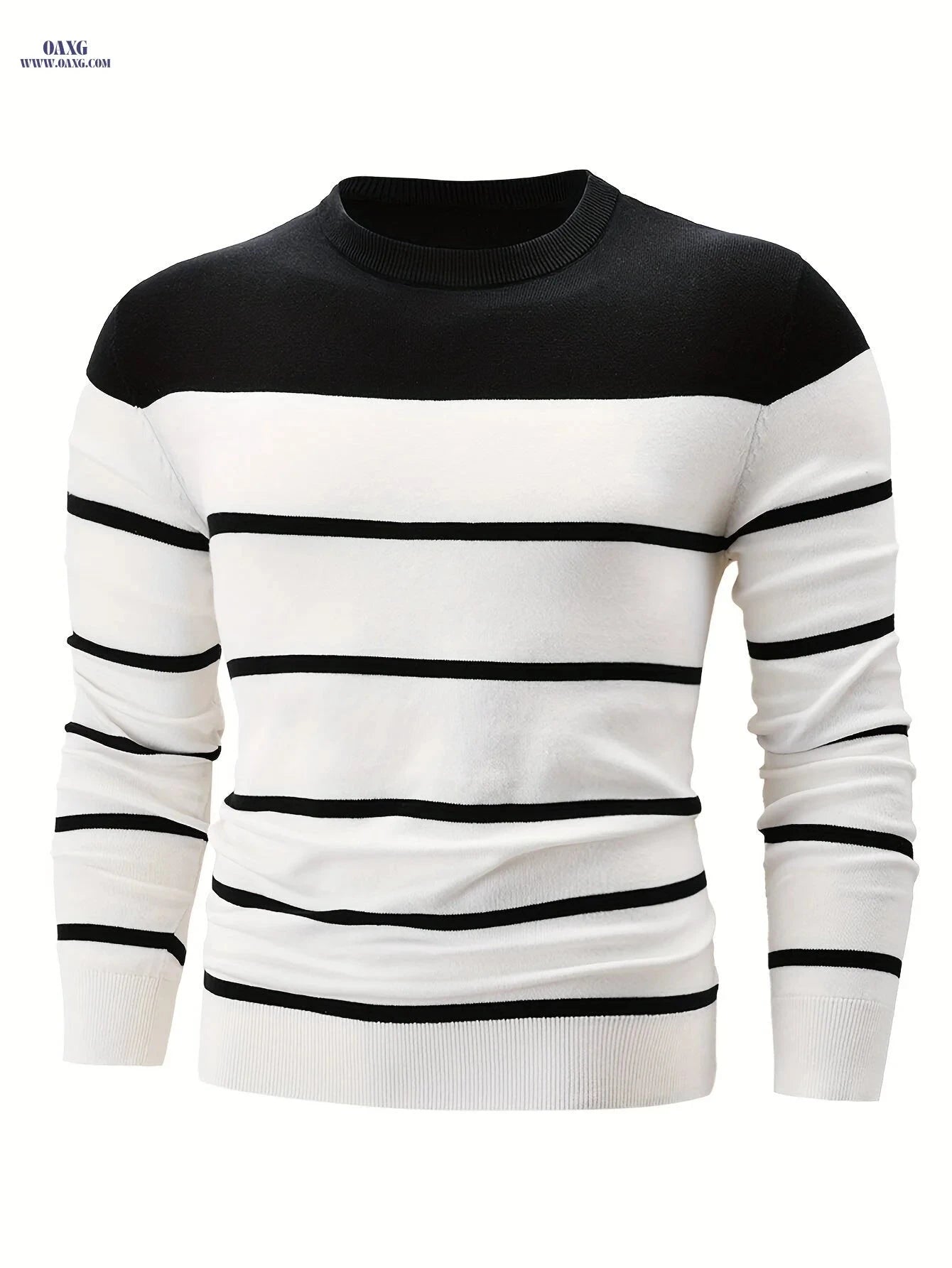 Men's Striped Round Neck Pullover Sweater - Cotton Casual Top   OAXG 