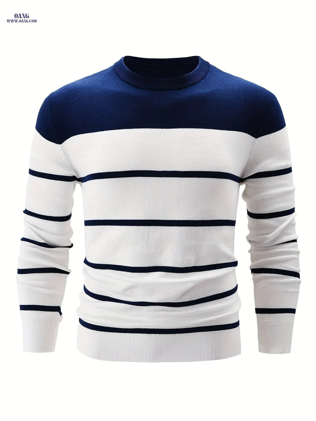 Men's Striped Round Neck Pullover Sweater - Cotton Casual Top   OAXG 