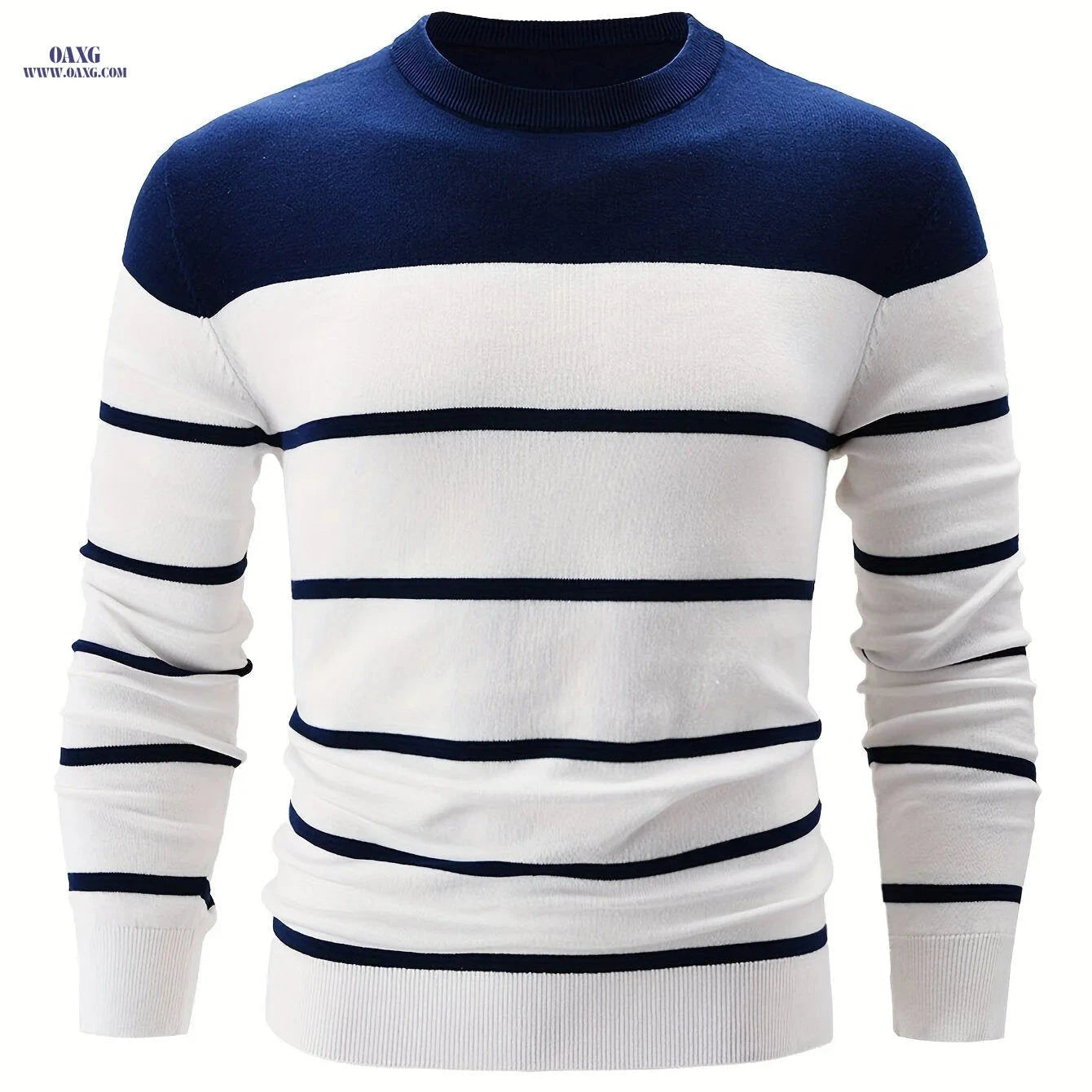 Men's Striped Round Neck Pullover Sweater - Cotton Casual Top   OAXG 