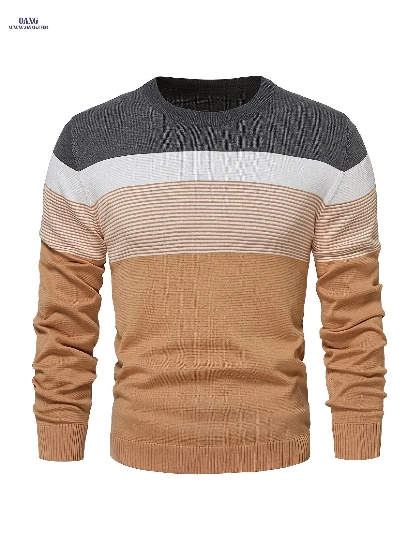Men's Striped Round Neck Pullover Sweater - Warm Cotton Knit   OAXG 