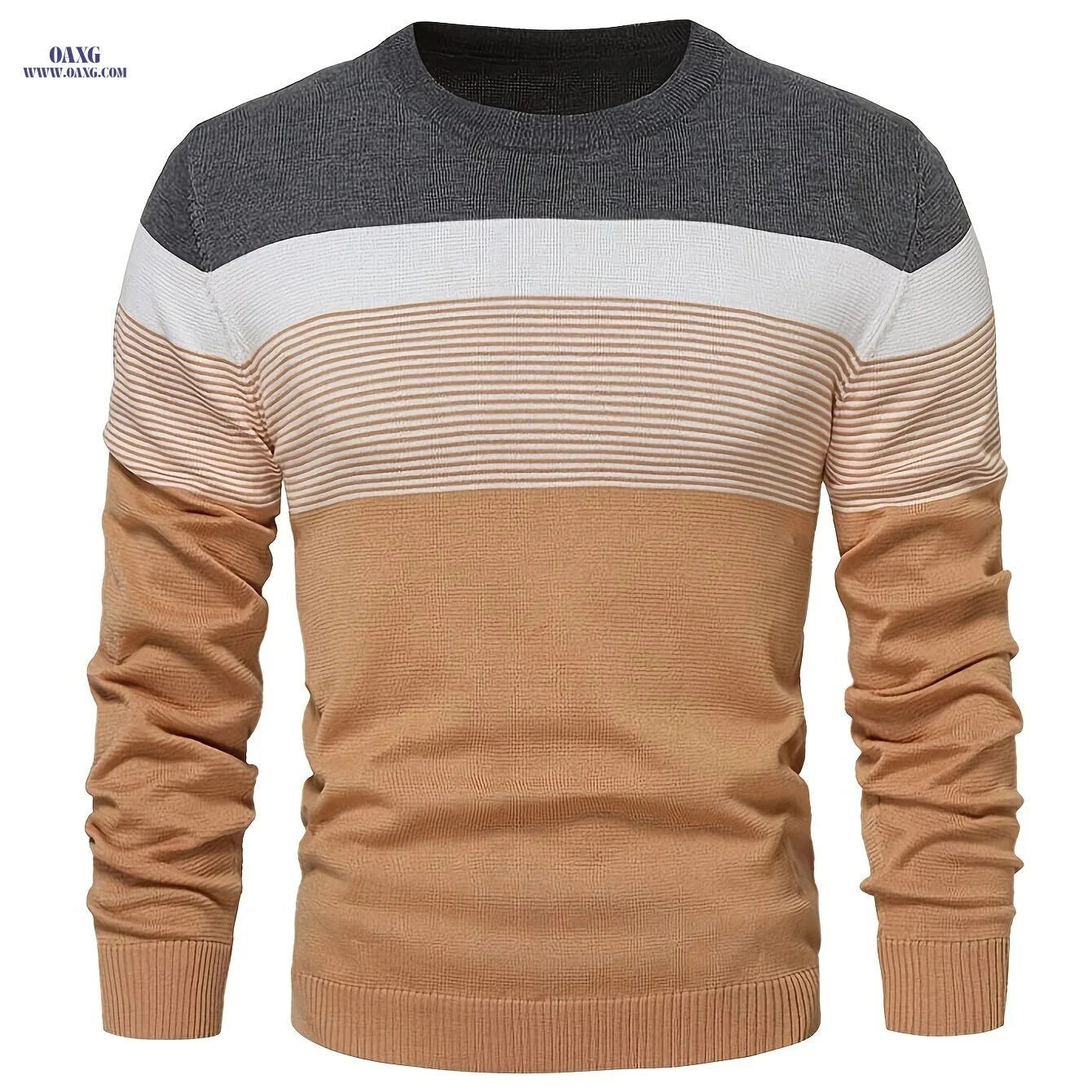 Men's Striped Round Neck Pullover Sweater - Warm Cotton Knit   OAXG 