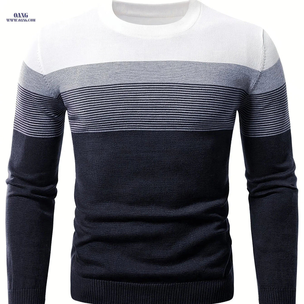 Men's Striped Round Neck Pullover Sweater - Warm Cotton Knit   OAXG 