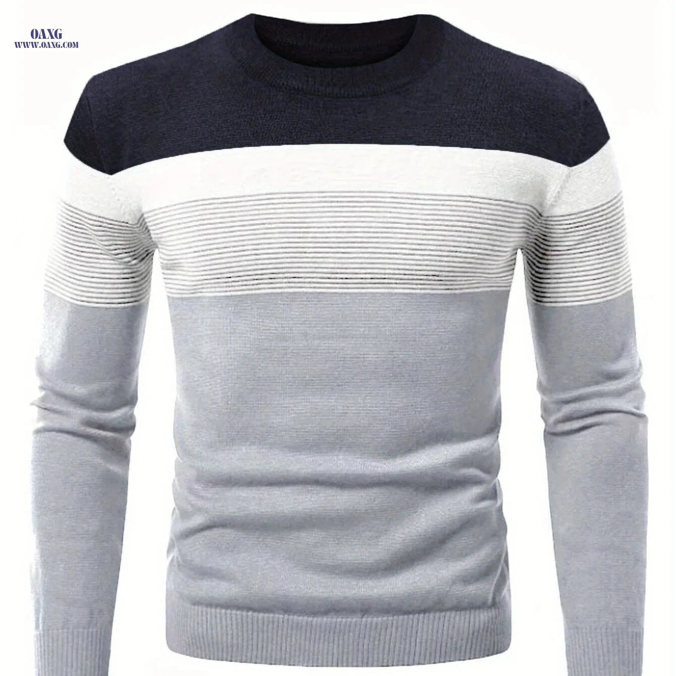 Men's Striped Round Neck Pullover Sweater - Warm Cotton Knit   OAXG 