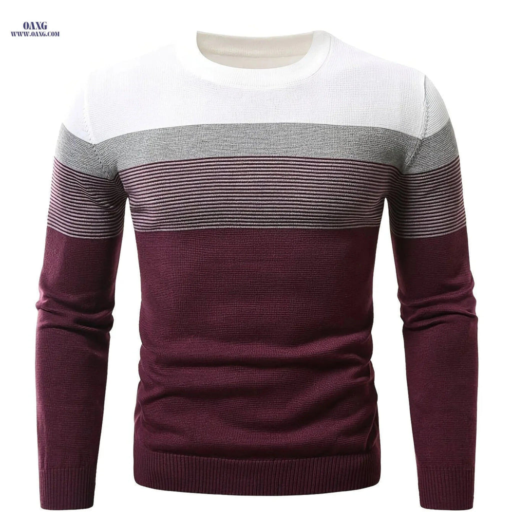 Men's Striped Round Neck Pullover Sweater - Warm Cotton Knit   OAXG Burgundy / FR S