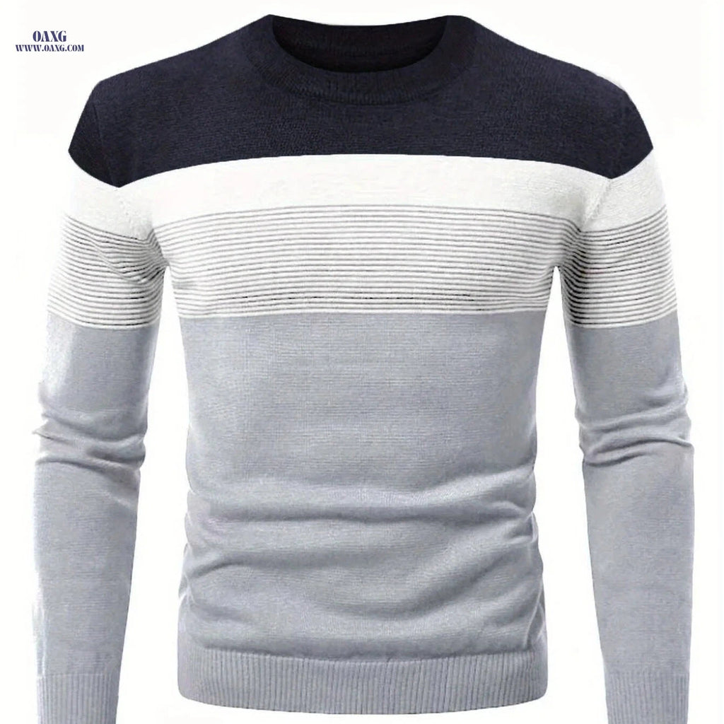Men's Striped Round Neck Pullover Sweater - Warm Cotton Knit   OAXG Burgundy / FR S