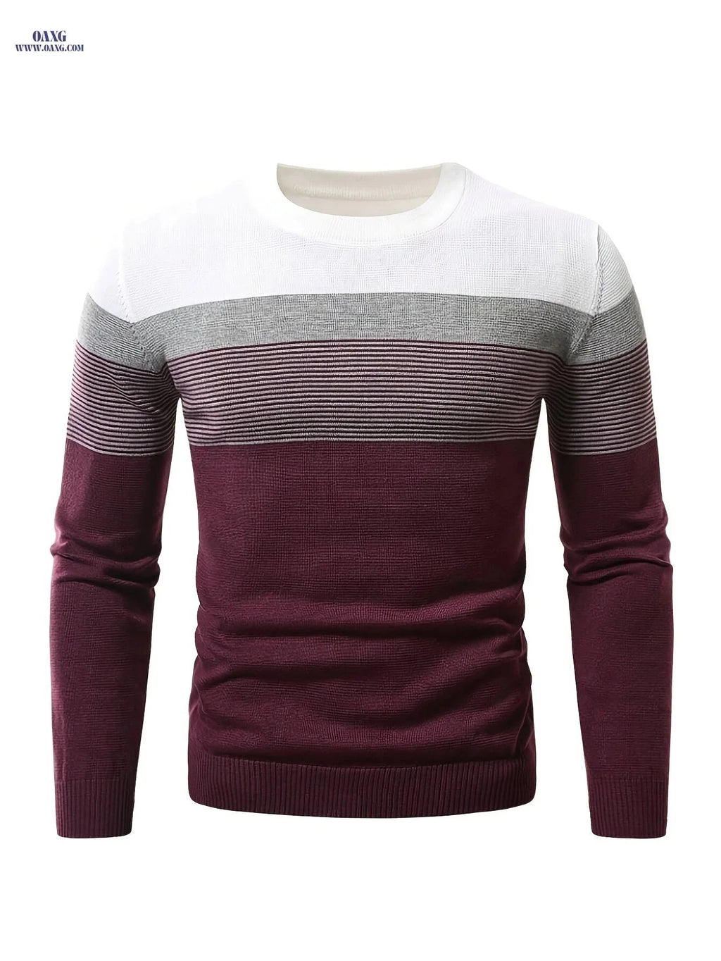 Men's Striped Round Neck Pullover Sweater - Warm Cotton Knit   OAXG Burgundy / FR S