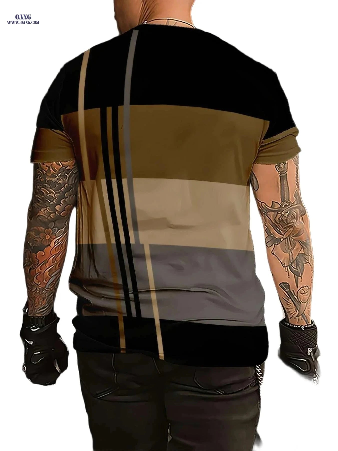 Men's Striped T-Shirt - Casual Crew Neck, Machine Washable Polyester   OAXG Mixed Color / S