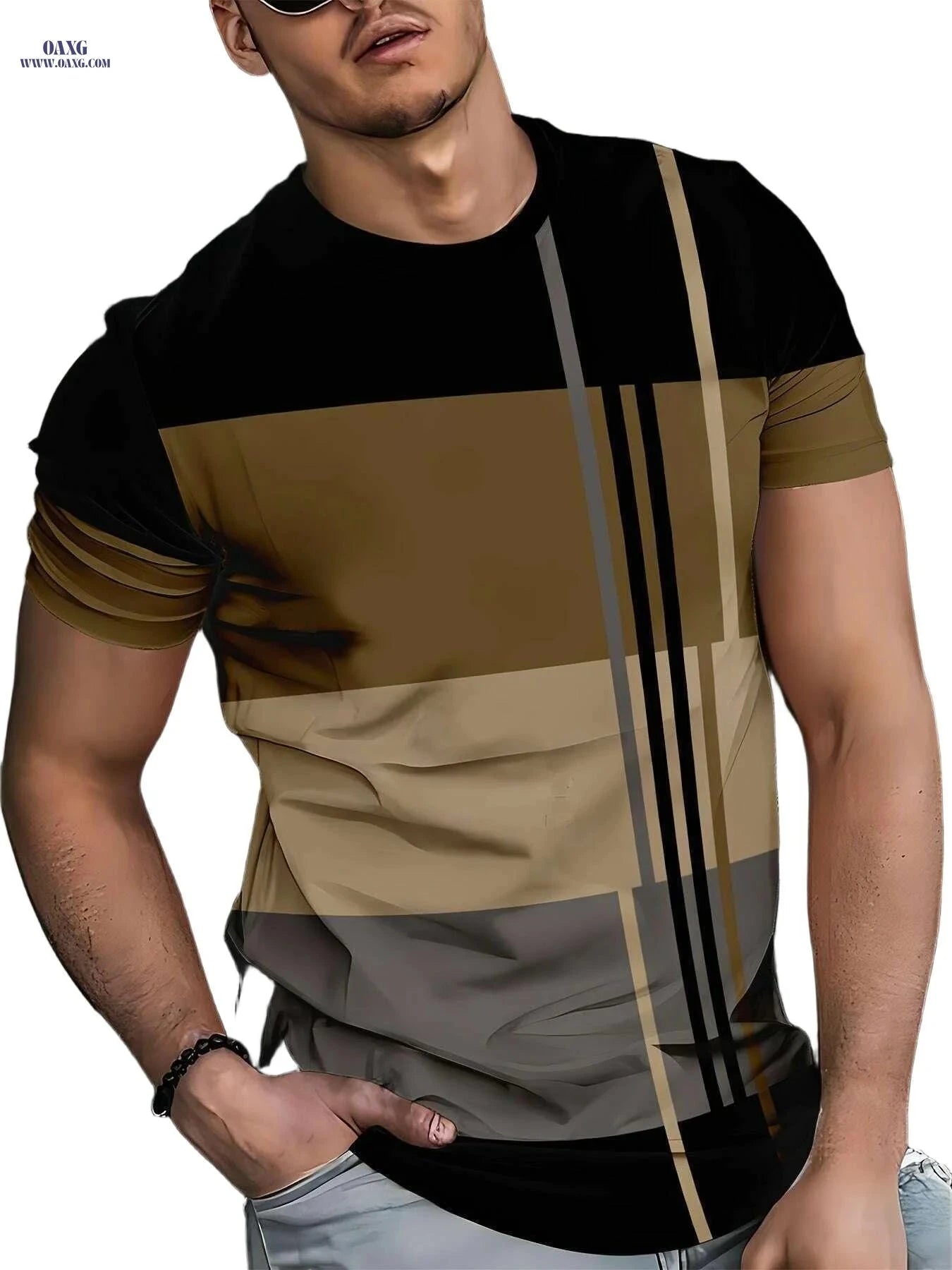Men's Striped T-Shirt - Casual Crew Neck, Machine Washable Polyester   OAXG Mixed Color / S