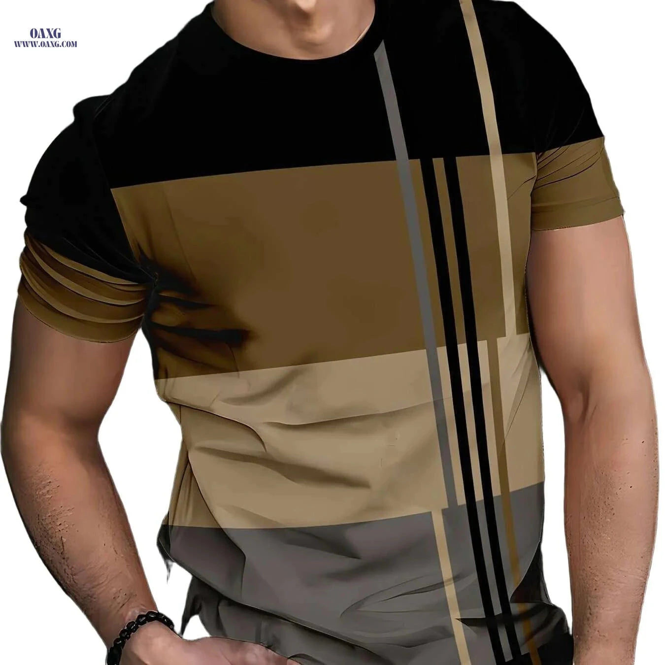 Men's Striped T-Shirt - Casual Crew Neck, Machine Washable Polyester   OAXG Mixed Color / S