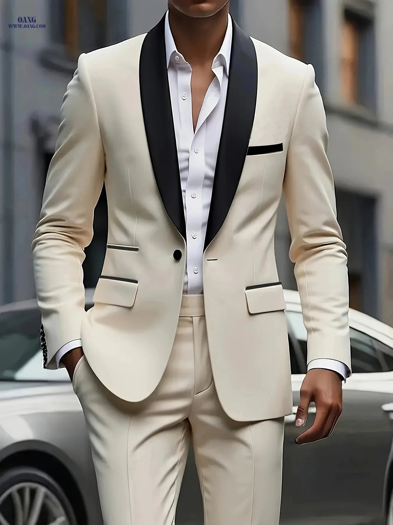 Men's Stylish 2-Piece Suit Set - Blazer and Trousers for Events   OAXG Beige / FR XS
