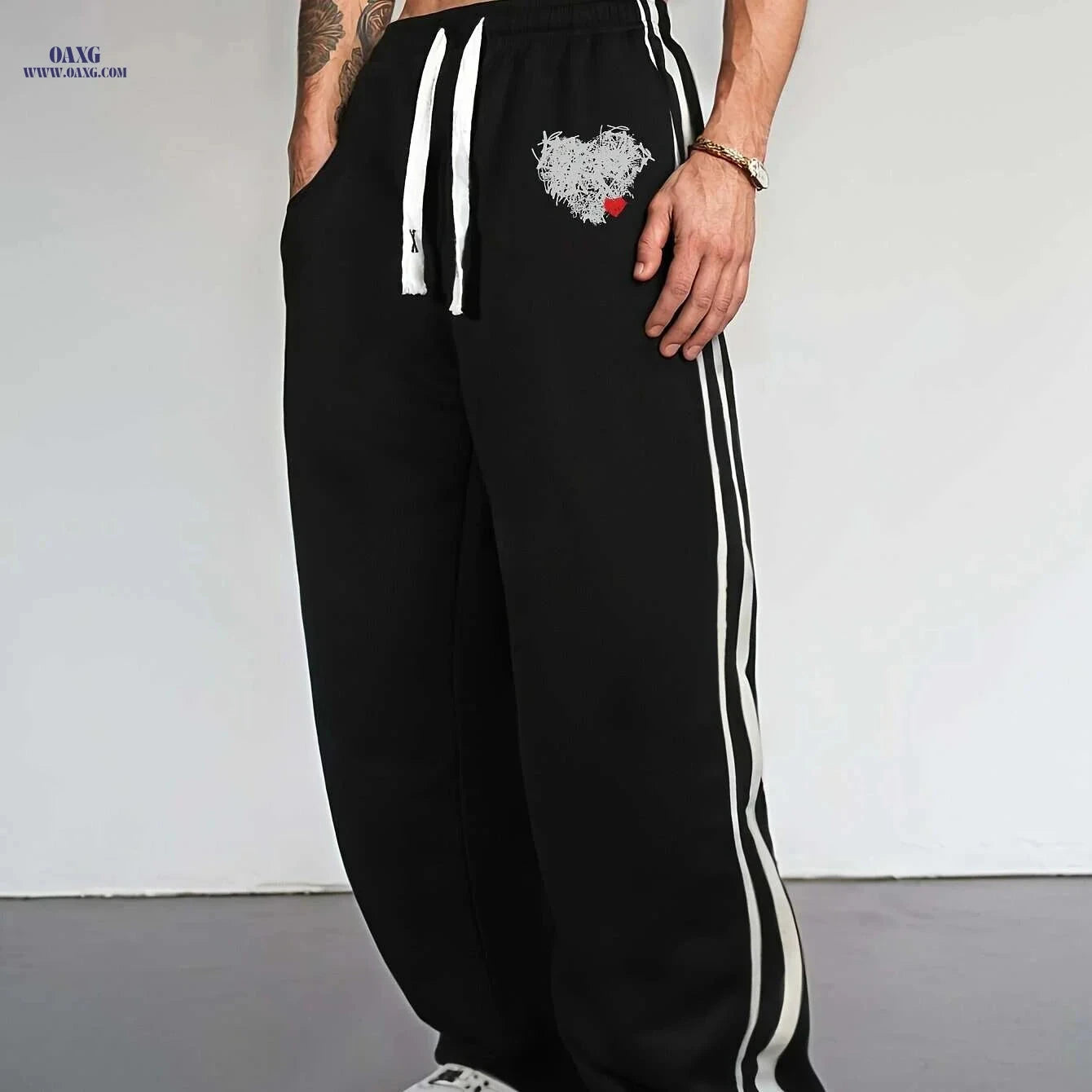 Men's Stylish Black Casual Pants - Geometric Print & Elastic Waistband   OAXG Black / S