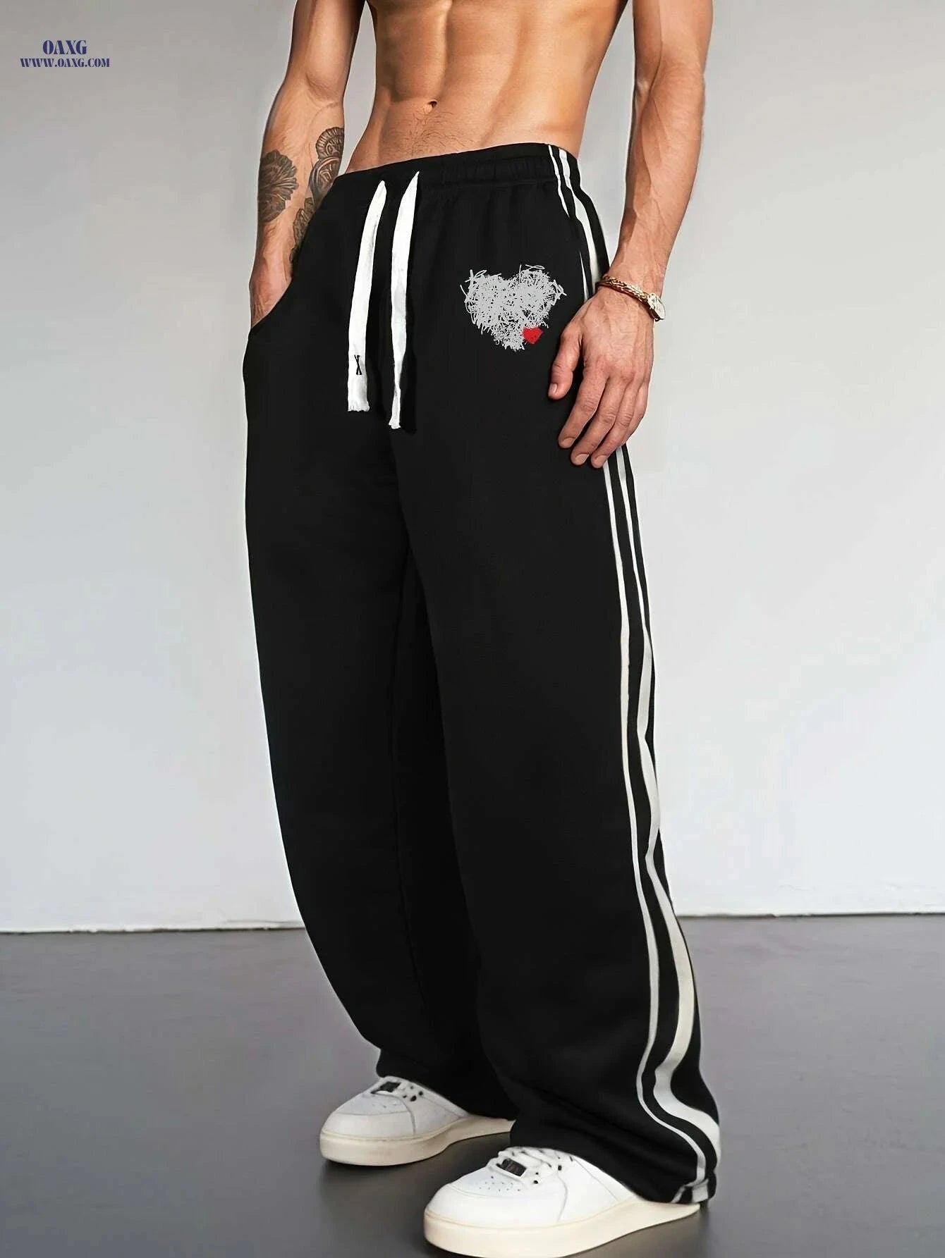 Men's Stylish Black Casual Pants - Geometric Print & Elastic Waistband   OAXG 