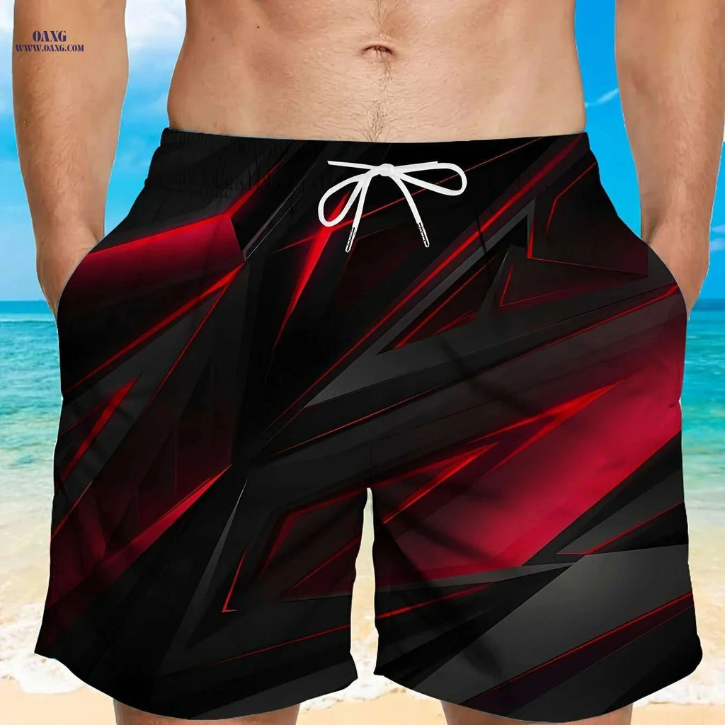 Men's Stylish Black Geometric Print Beach Shorts - Lightweight Swim Trunks   OAXG 
