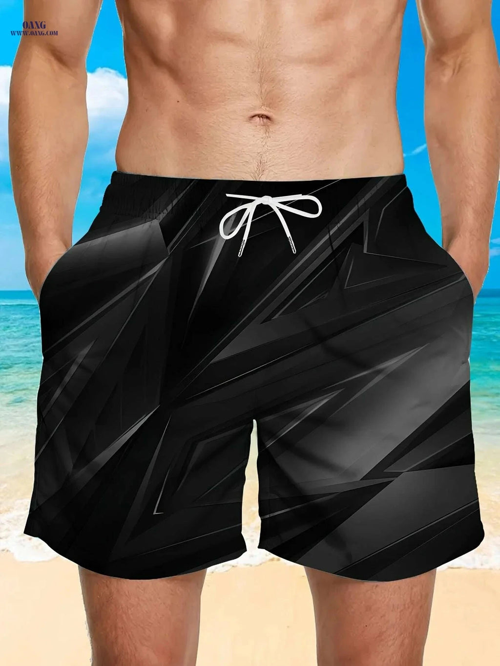 Men's Stylish Black Geometric Print Beach Shorts - Lightweight Swim Trunks   OAXG Mixed Color / M