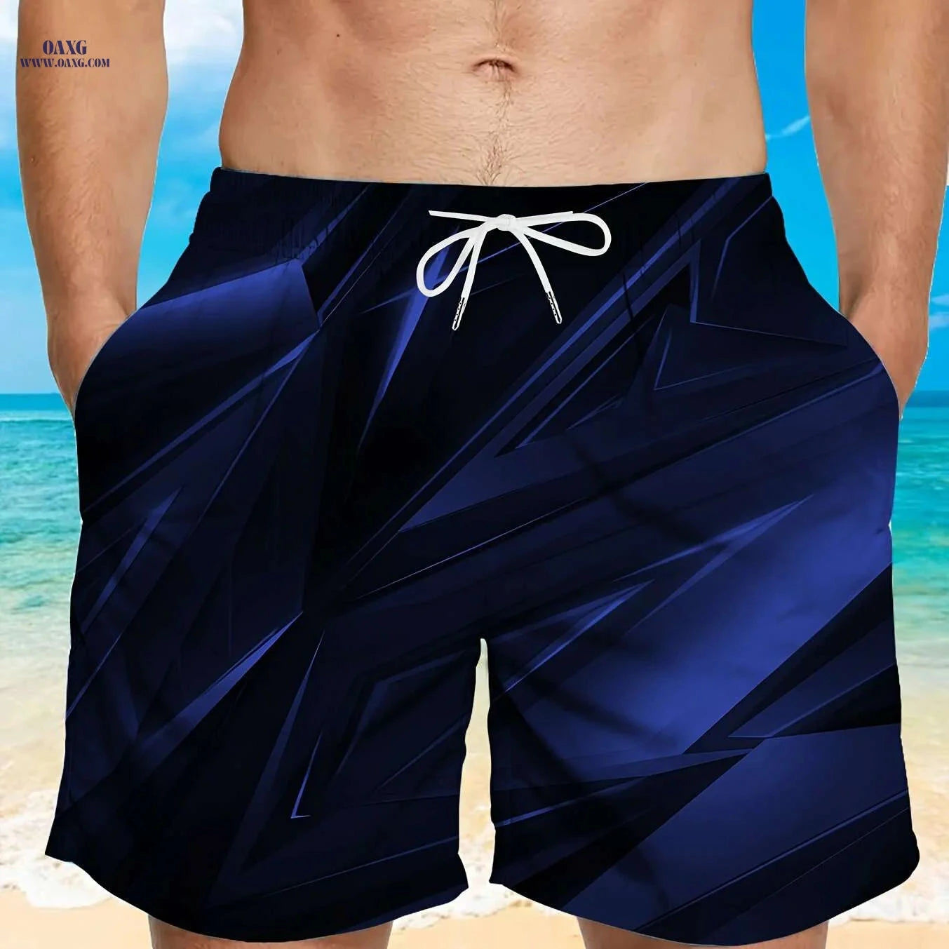 Men's Stylish Black Geometric Print Beach Shorts - Lightweight Swim Trunks   OAXG Mixed Color / M