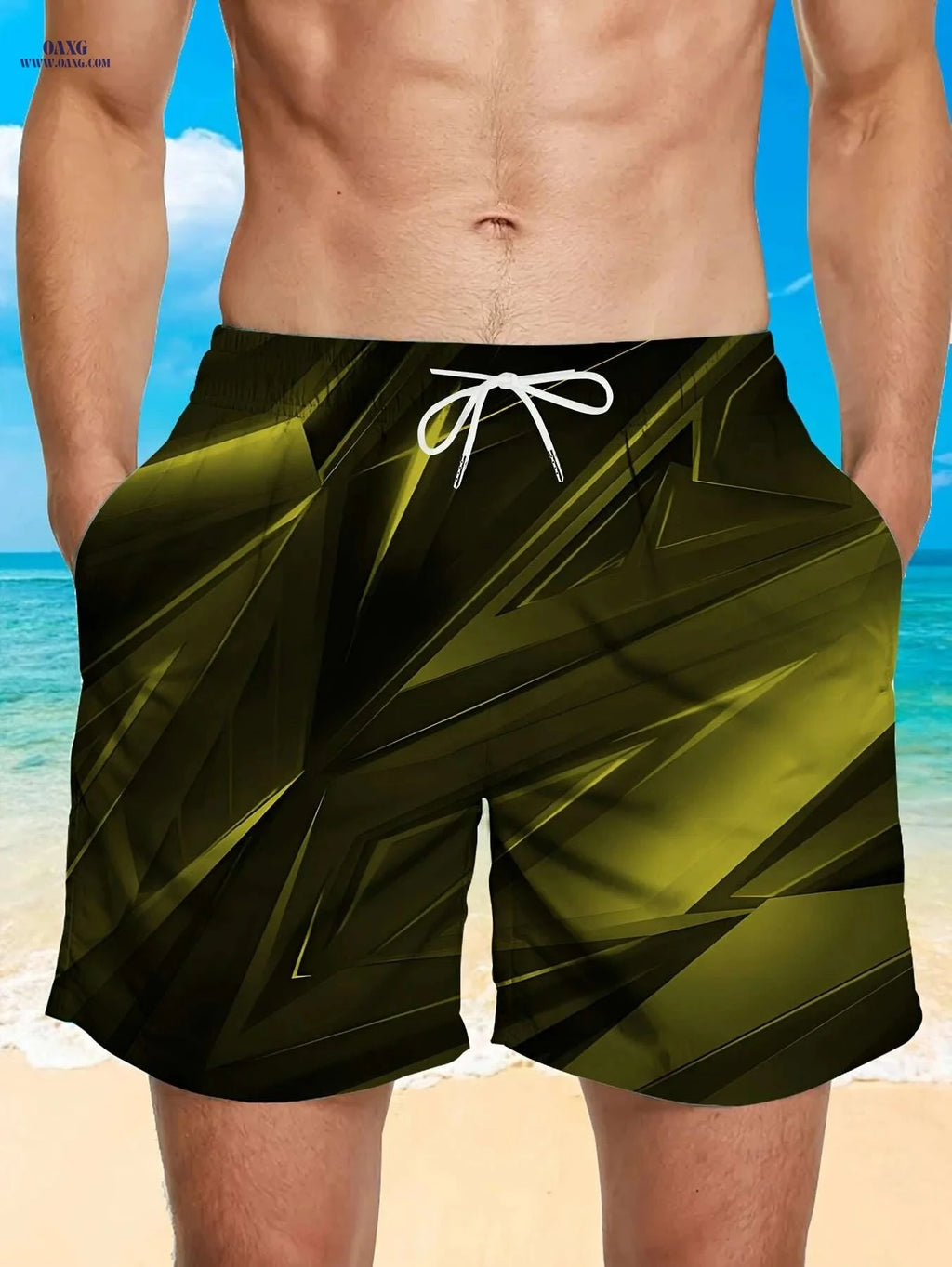 Men's Stylish Black Geometric Print Beach Shorts - Lightweight Swim Trunks   OAXG Mixed Color / M