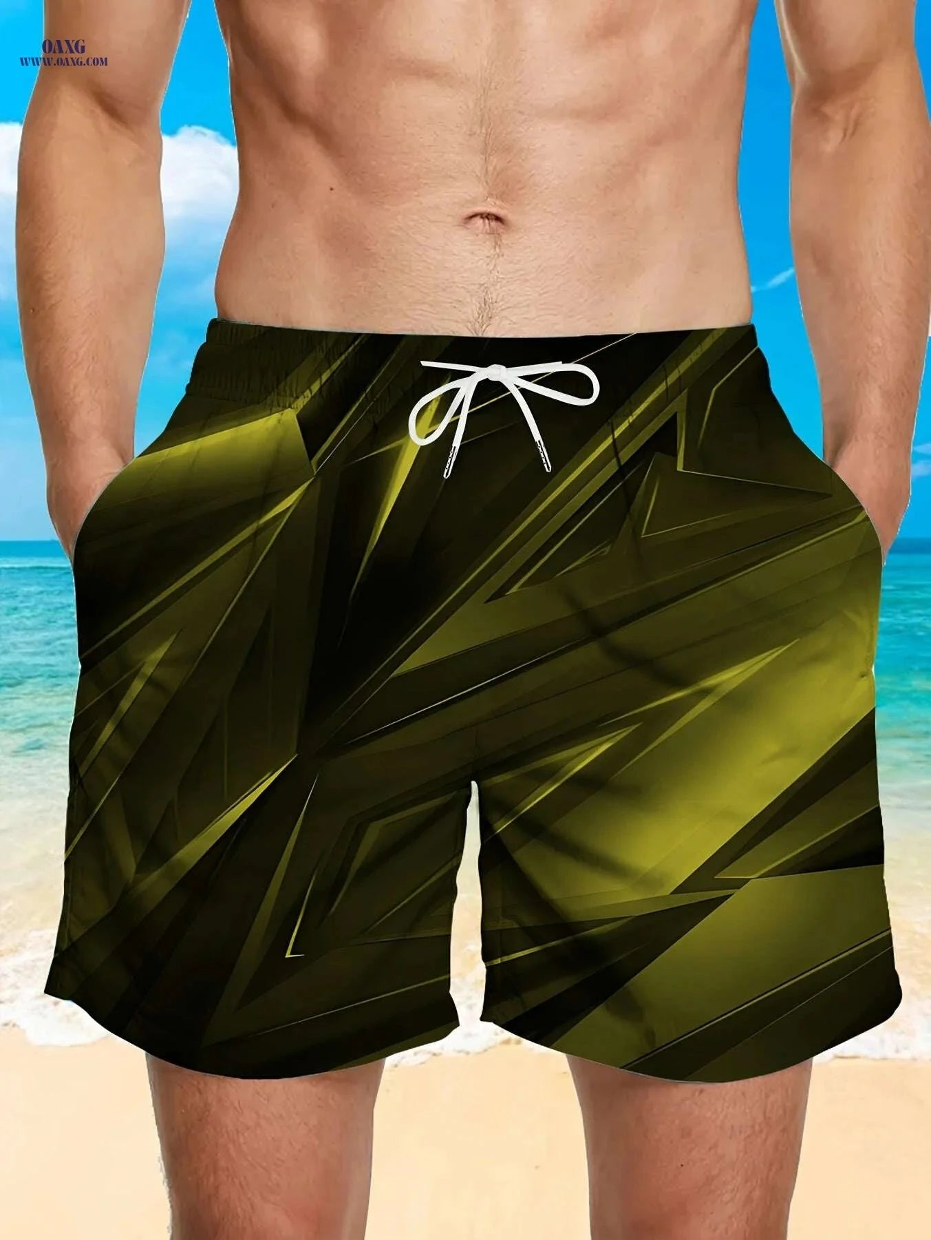 Men's Stylish Black Geometric Print Beach Shorts - Lightweight Swim Trunks   OAXG Mixed Color / M