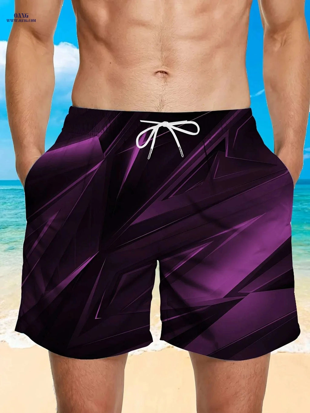 Men's Stylish Black Geometric Print Beach Shorts - Lightweight Swim Trunks   OAXG Mixed Color / M