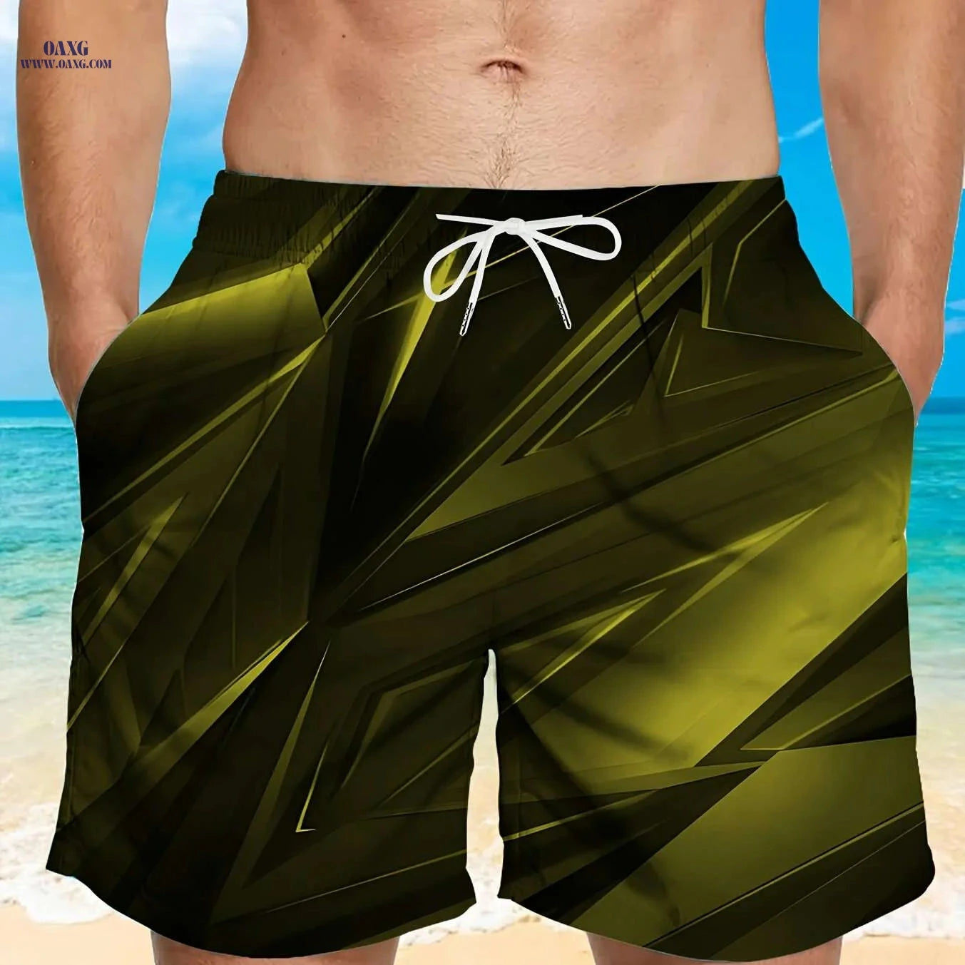 Men's Stylish Black Geometric Print Beach Shorts - Lightweight Swim Trunks   OAXG Mixed Color / M