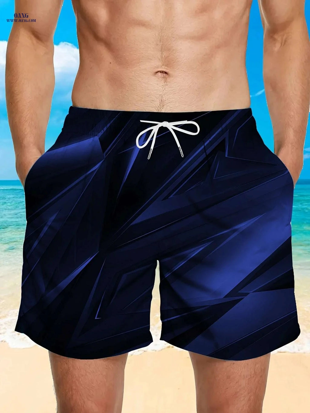 Men's Stylish Black Geometric Print Beach Shorts - Lightweight Swim Trunks   OAXG 