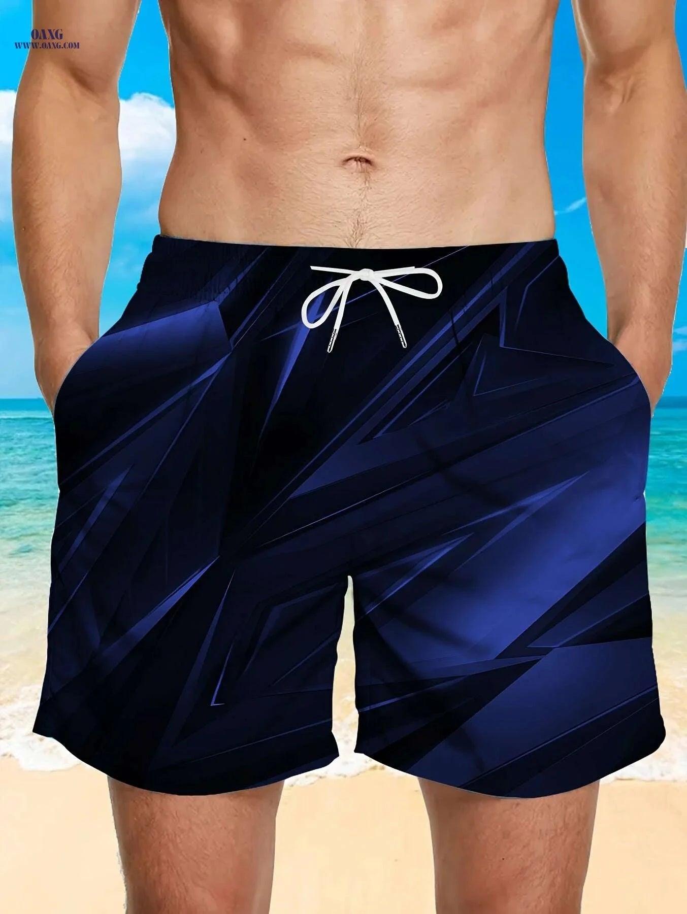 Men's Stylish Black Geometric Print Beach Shorts - Lightweight Swim Trunks   OAXG 