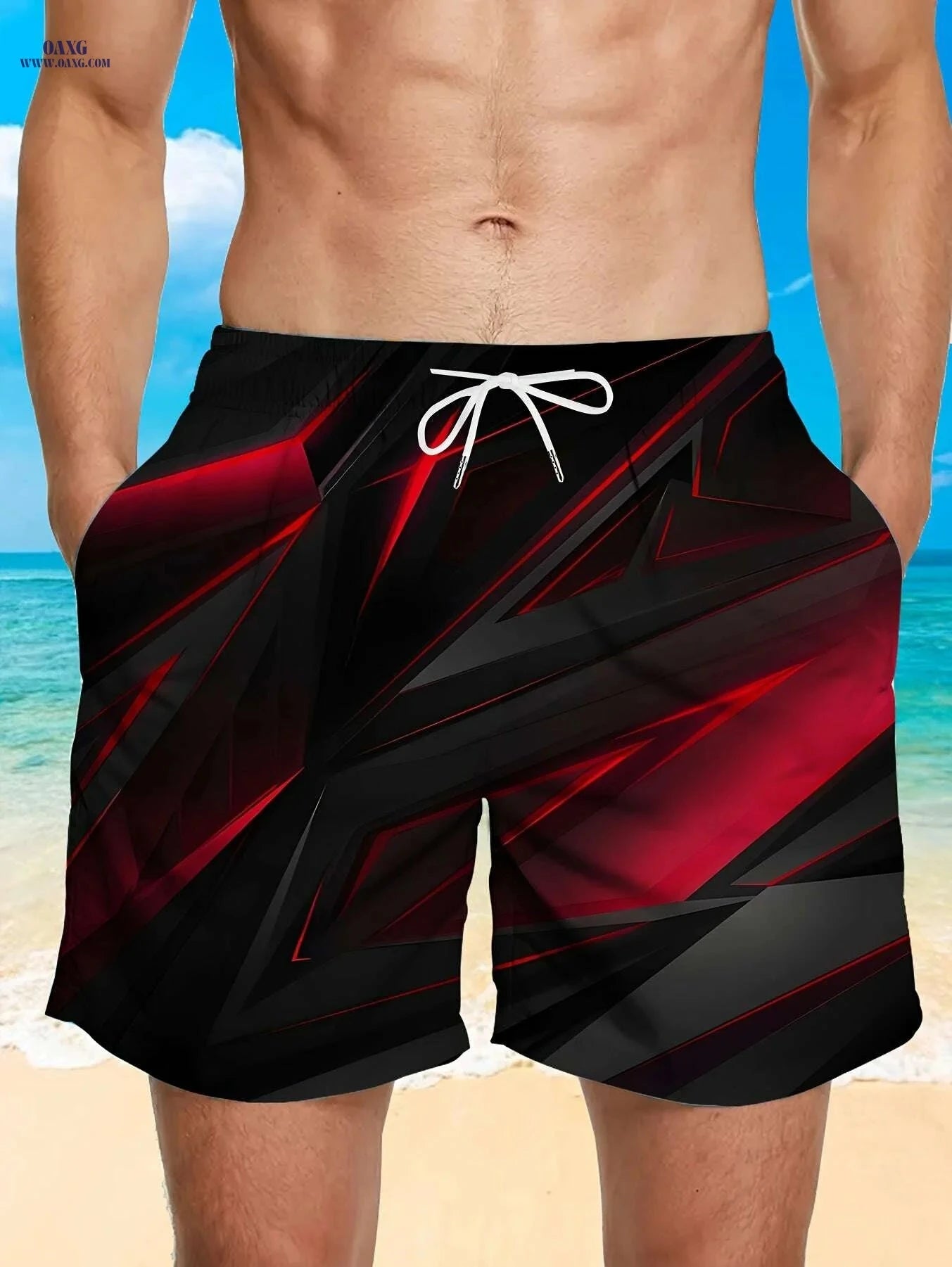 Men's Stylish Black Geometric Print Beach Shorts - Lightweight Swim Trunks   OAXG 