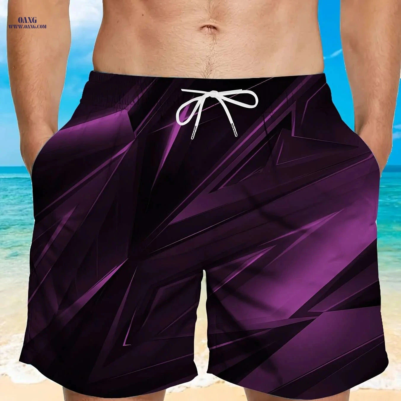 Men's Stylish Black Geometric Print Beach Shorts - Lightweight Swim Trunks   OAXG 