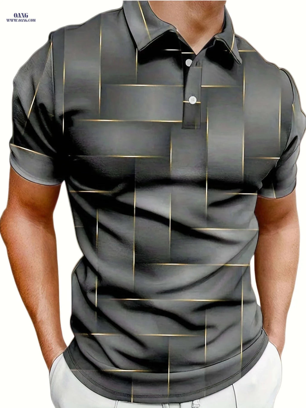 Men's Stylish Black & Golden Geometric Polo Shirt - Summer Casual Wear   OAXG 