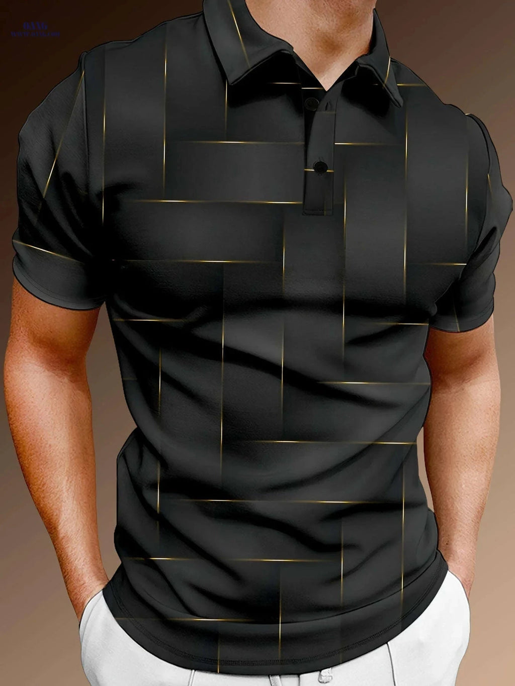 Men's Stylish Black & Golden Geometric Polo Shirt - Summer Casual Wear   OAXG 