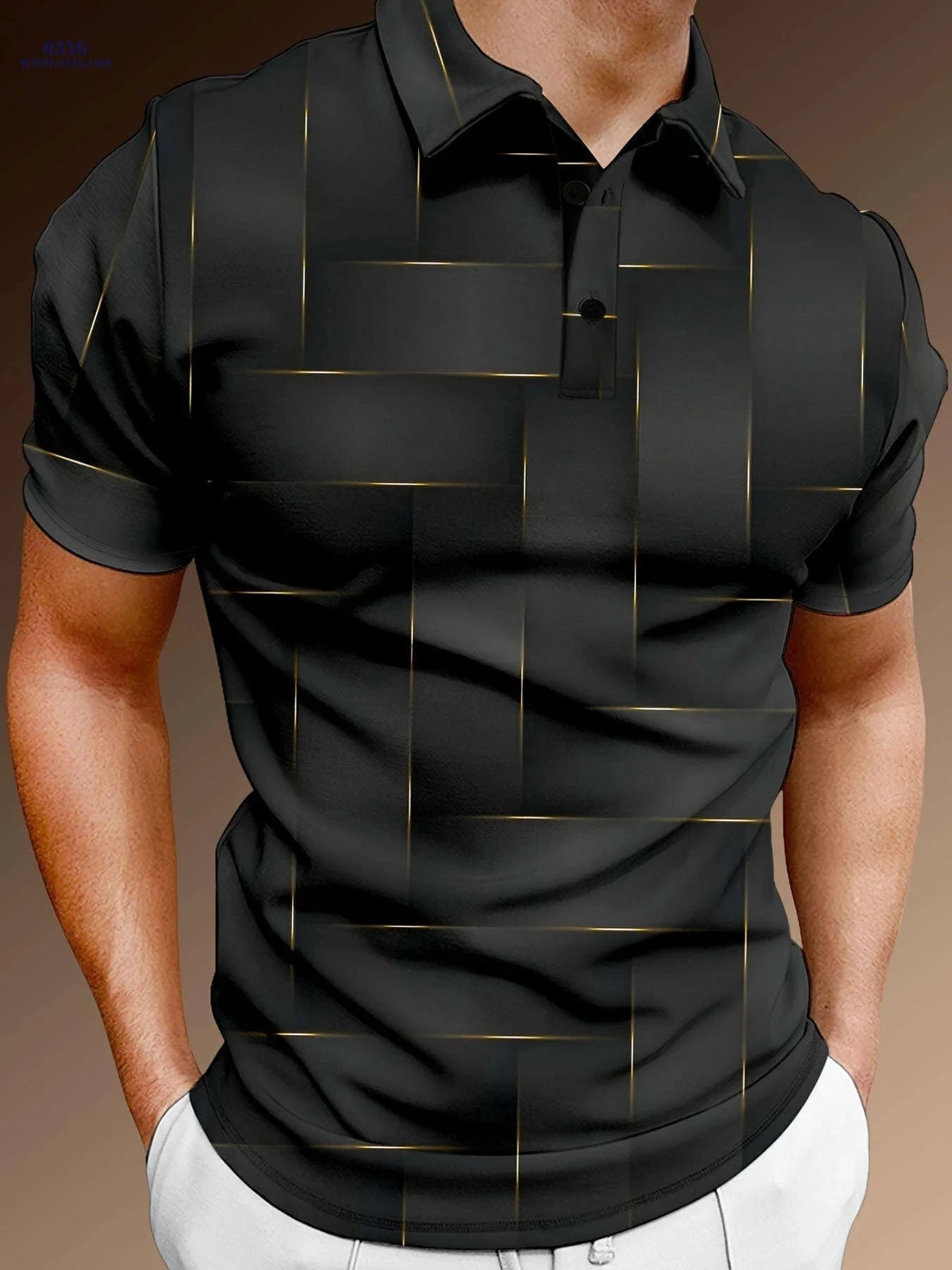 Men's Stylish Black & Golden Geometric Polo Shirt - Summer Casual Wear   OAXG 