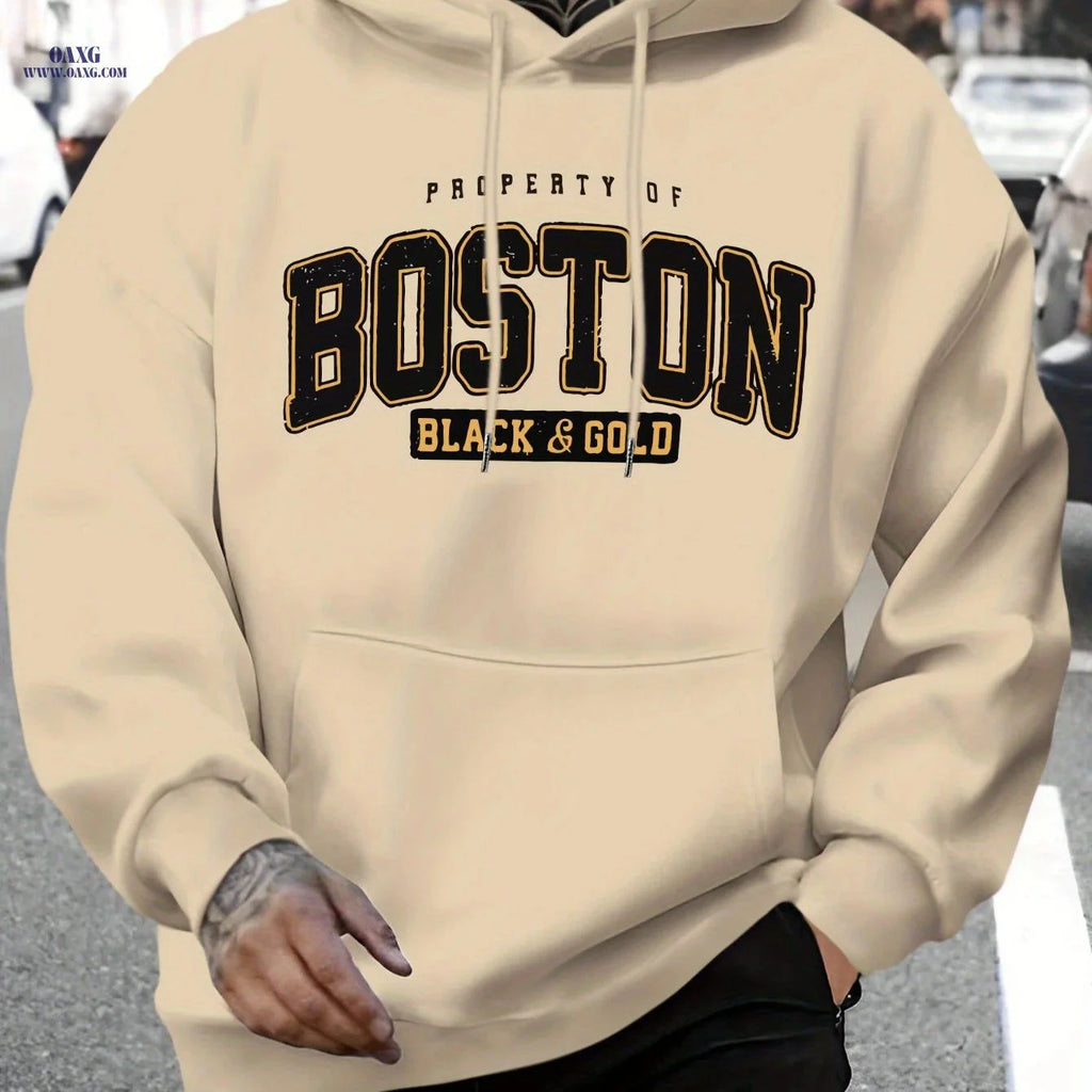 Men's Stylish Boston Letter Print Hoodie - Casual Long Sleeve Sweatshirt   OAXG 