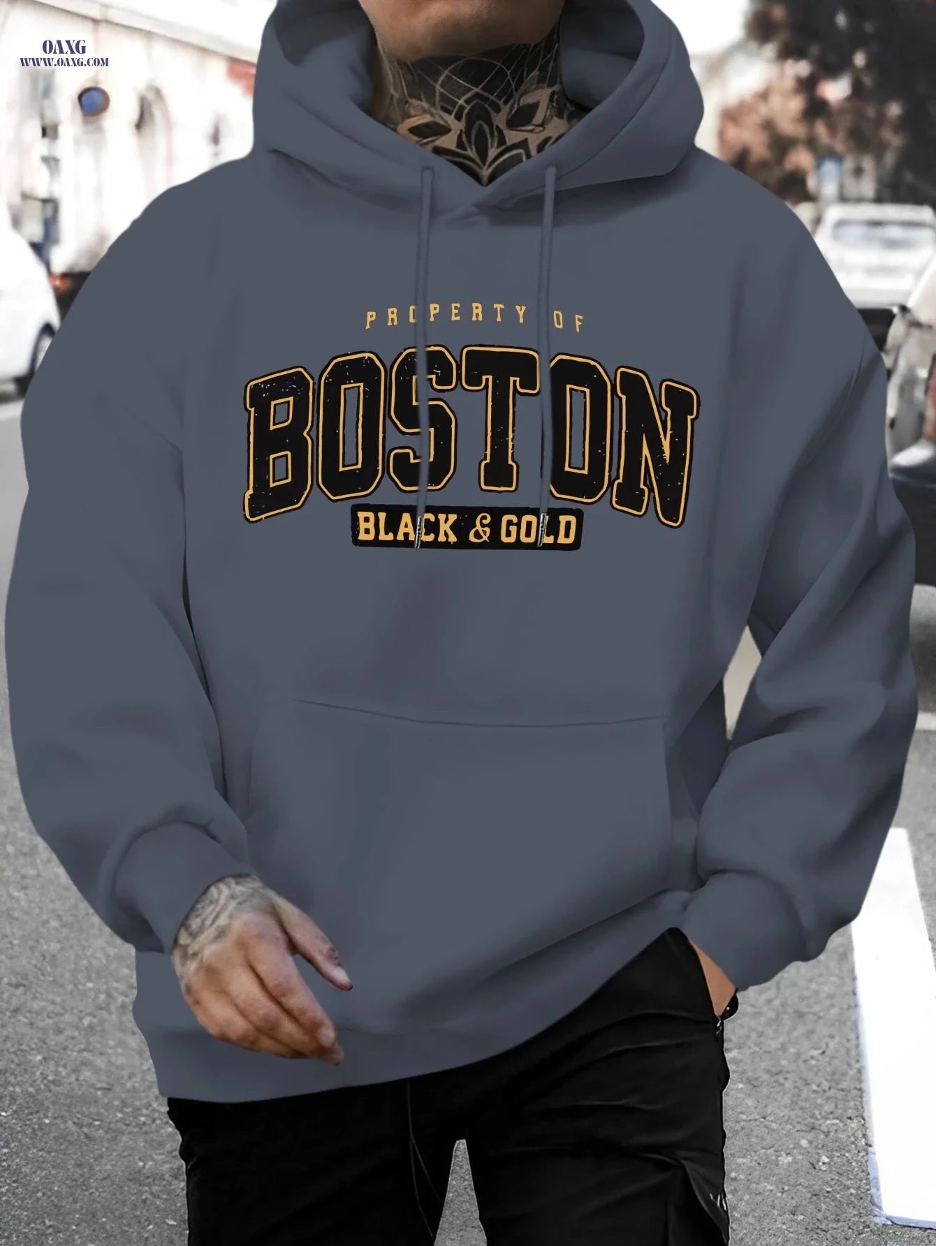 Men's Stylish Boston Letter Print Hoodie - Casual Long Sleeve Sweatshirt   OAXG 