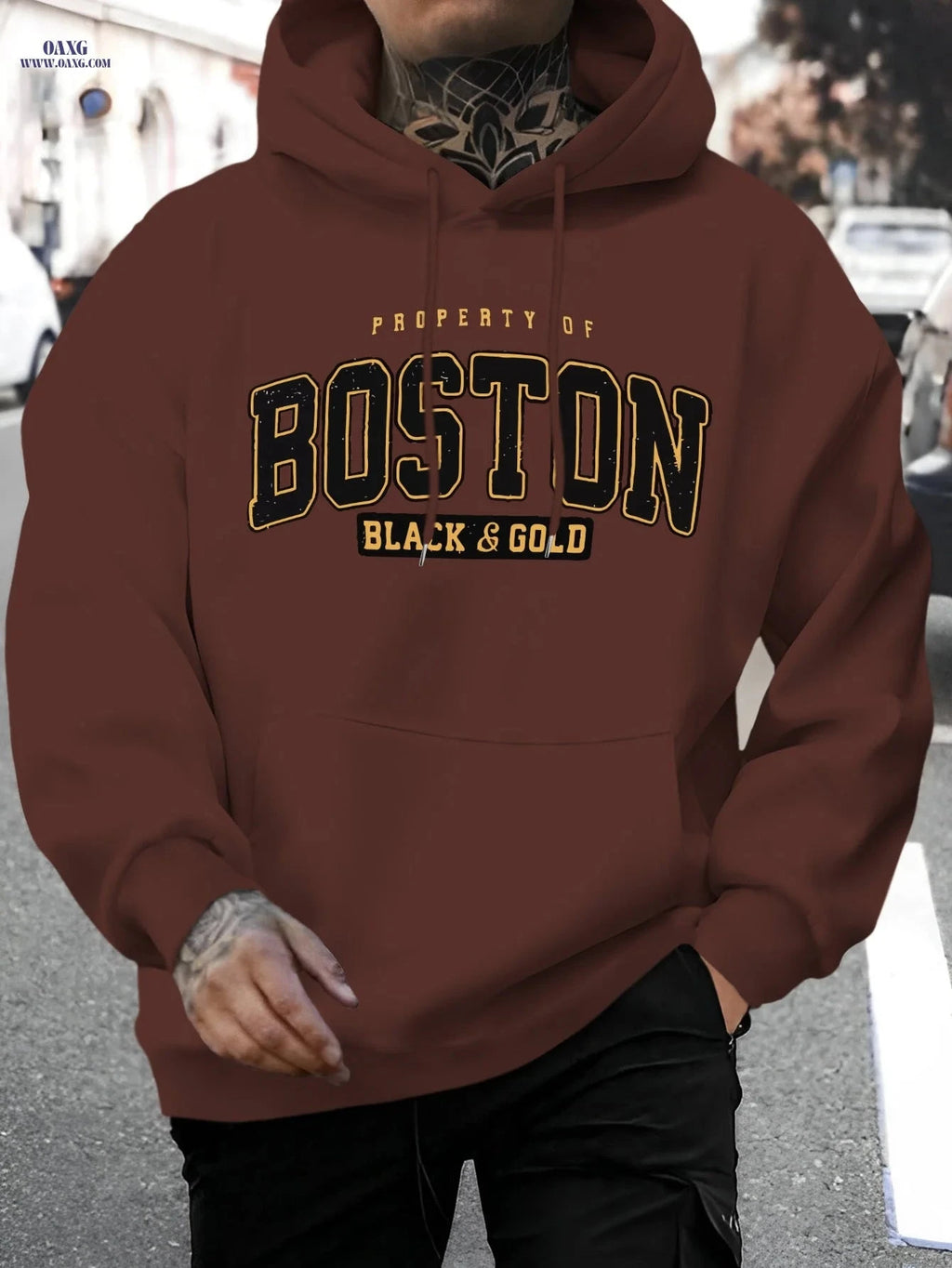 Men's Stylish Boston Letter Print Hoodie - Casual Long Sleeve Sweatshirt   OAXG Apricot / FR S