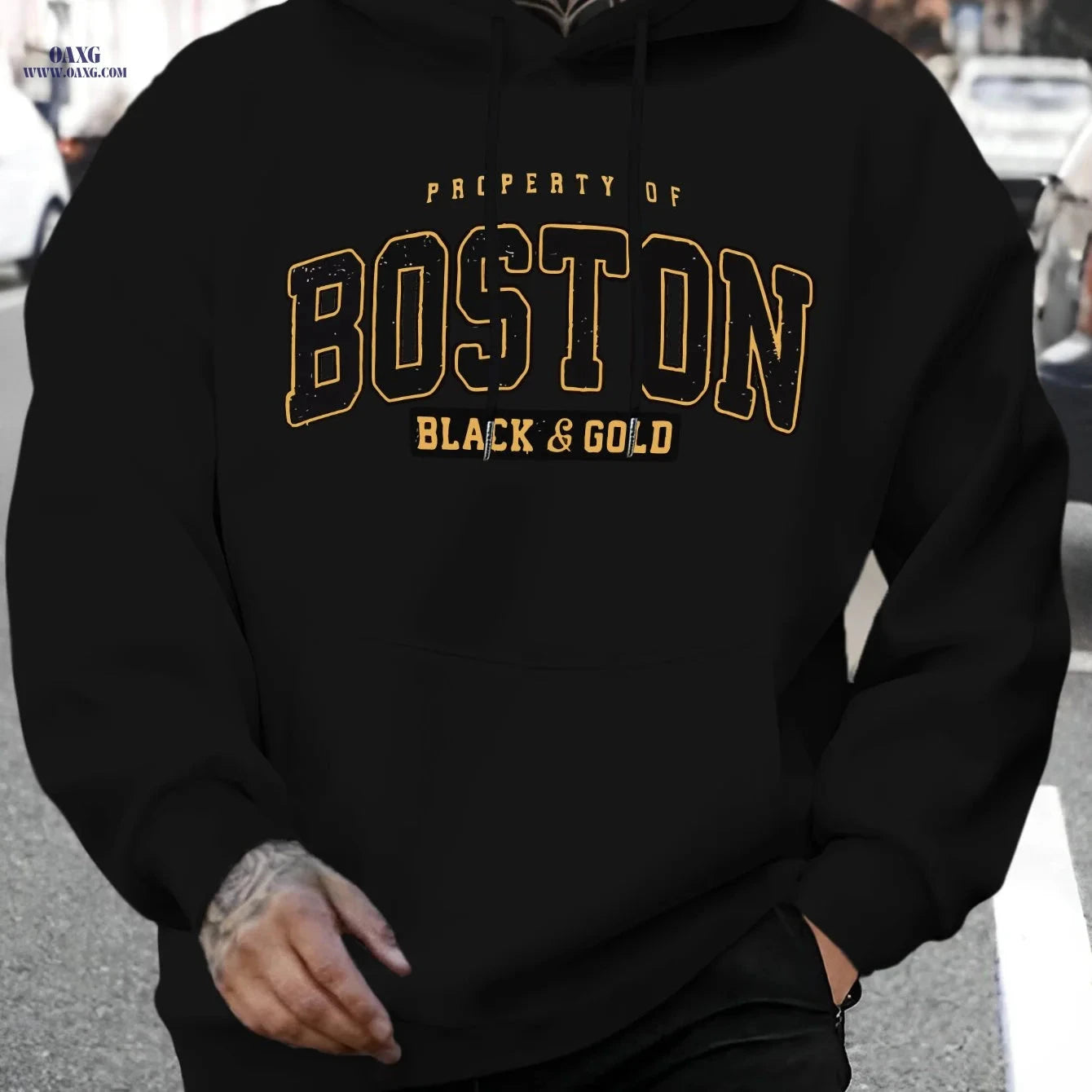 Men's Stylish Boston Letter Print Hoodie - Casual Long Sleeve Sweatshirt   OAXG Apricot / FR S