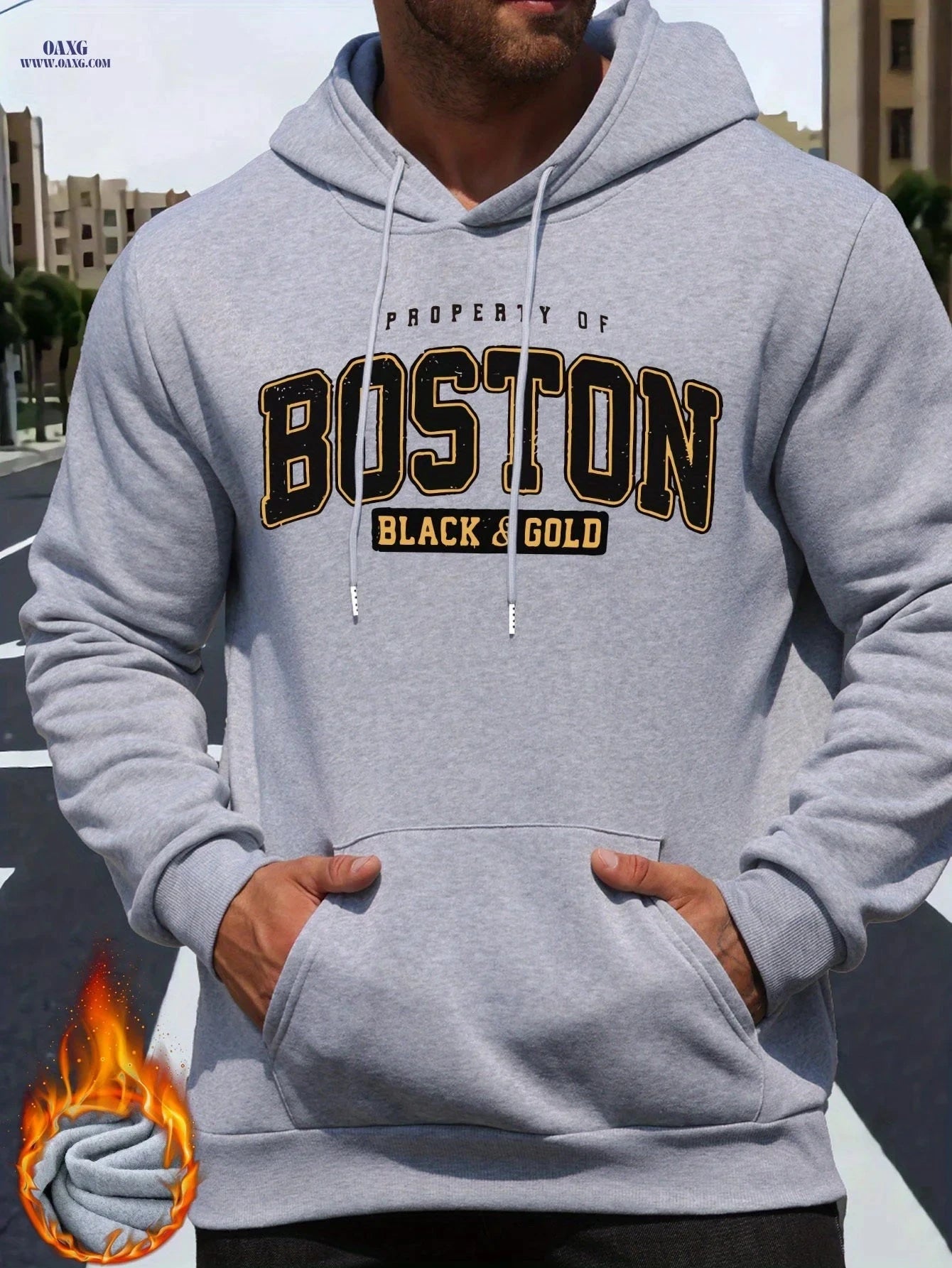 Men's Stylish Boston Letter Print Hoodie - Casual Long Sleeve Sweatshirt   OAXG Apricot / FR S