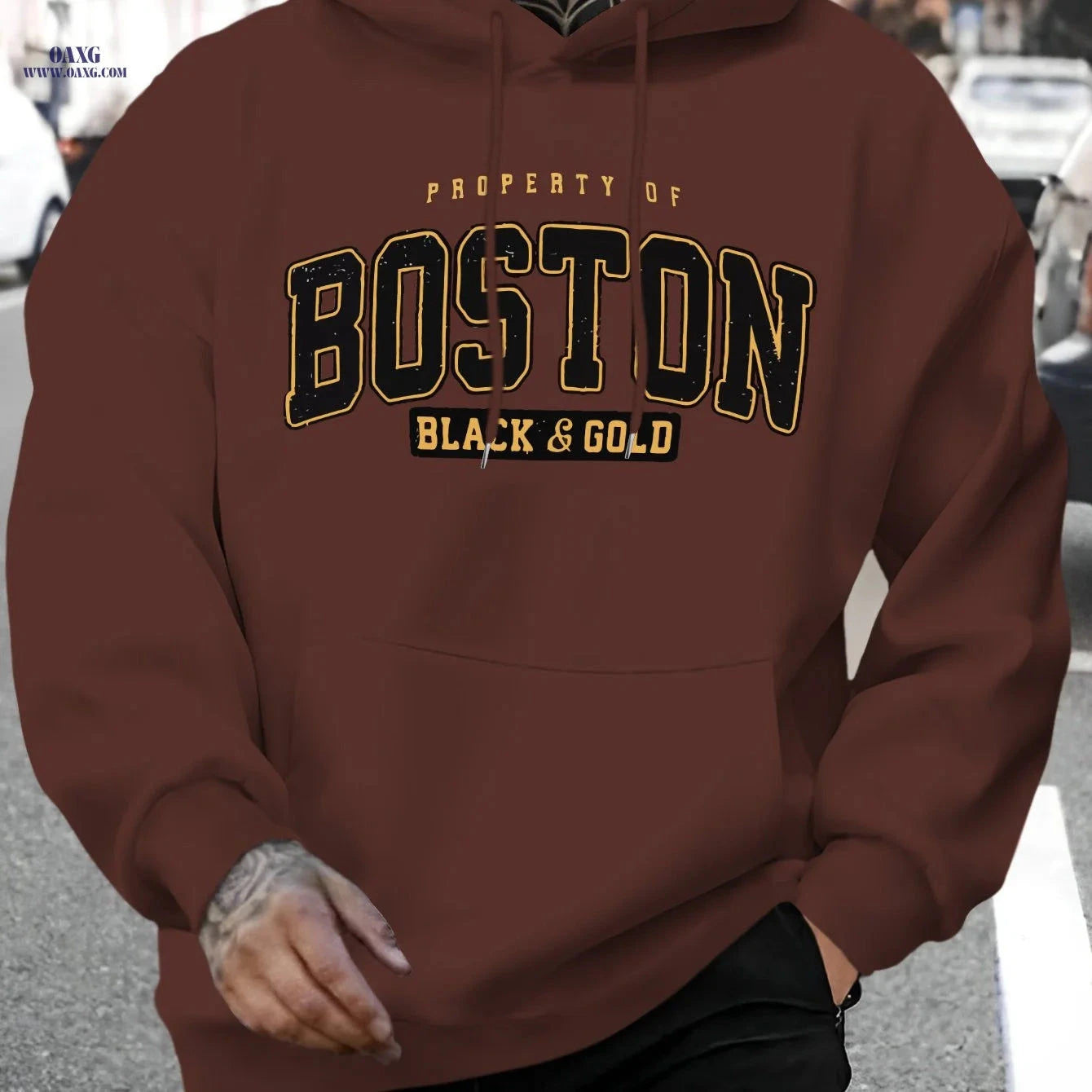 Men's Stylish Boston Letter Print Hoodie - Casual Long Sleeve Sweatshirt   OAXG Apricot / FR S