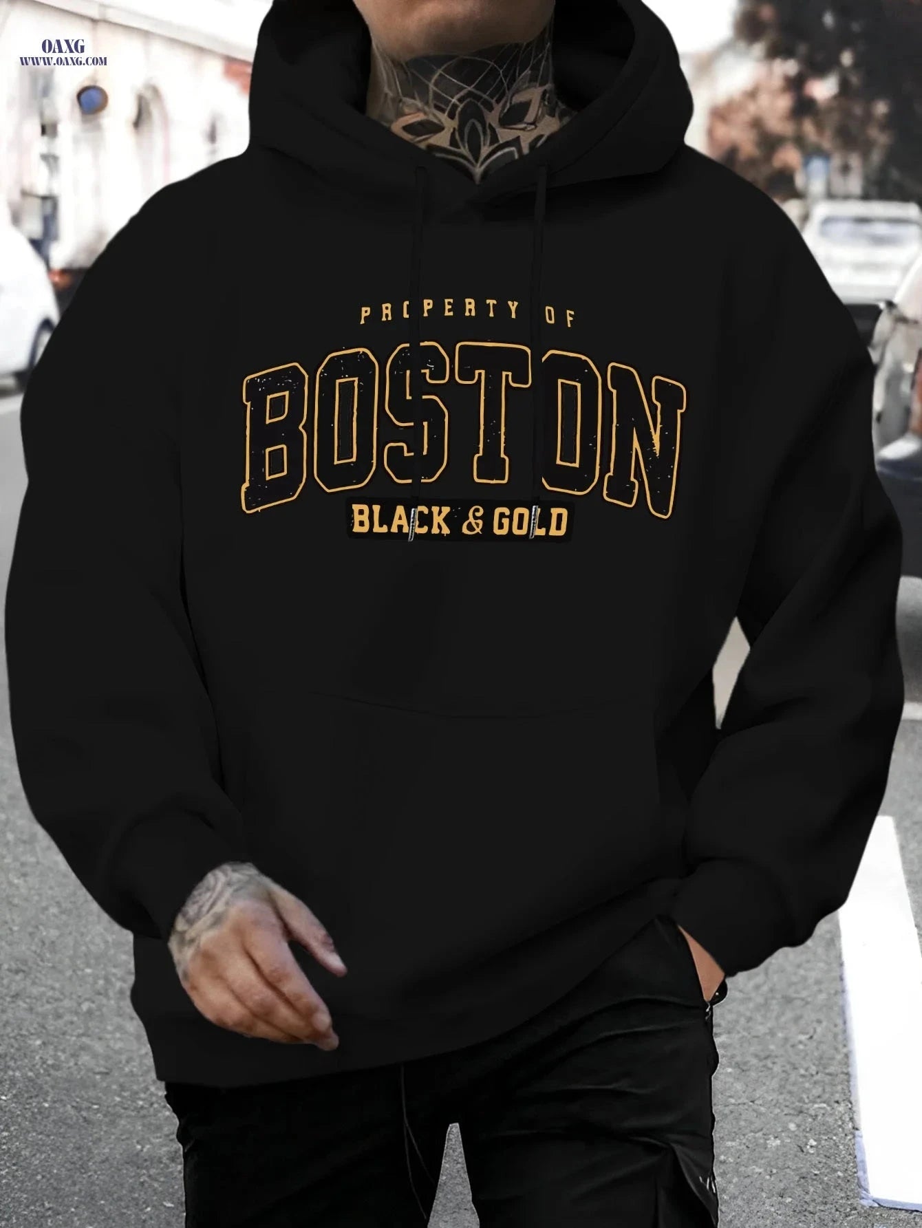Men's Stylish Boston Letter Print Hoodie - Casual Long Sleeve Sweatshirt   OAXG 