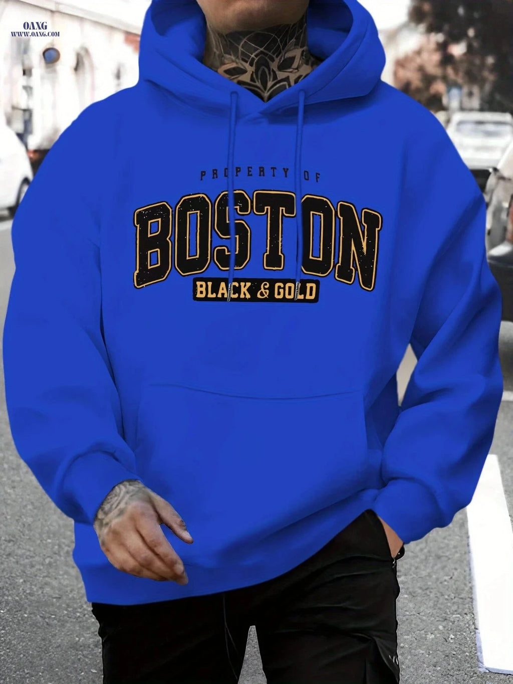 Men's Stylish Boston Letter Print Hoodie - Casual Long Sleeve Sweatshirt   OAXG 