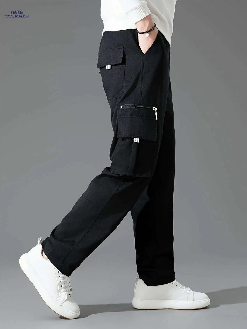 Men's Stylish Casual Sports Pants - Multiple Pockets, Solid Color   OAXG Army Green / FR S