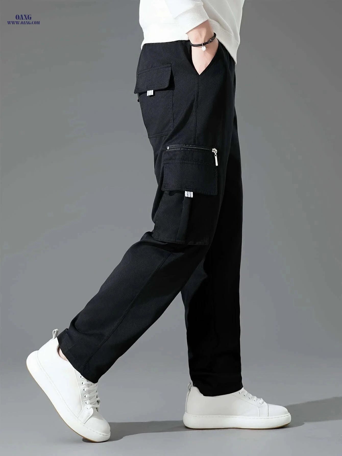 Men's Stylish Casual Sports Pants - Multiple Pockets, Solid Color   OAXG Army Green / FR S