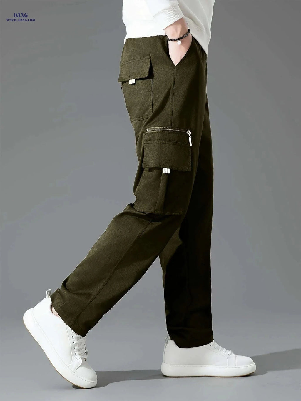 Men's Stylish Casual Sports Pants - Multiple Pockets, Solid Color   OAXG Army Green / FR S
