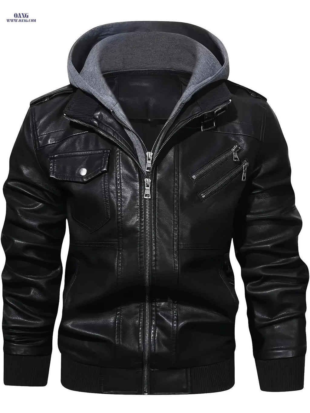 Men's Stylish Faux Leather Jacket - Multiple Pockets, Casual Fit   OAXG Black A / FR S