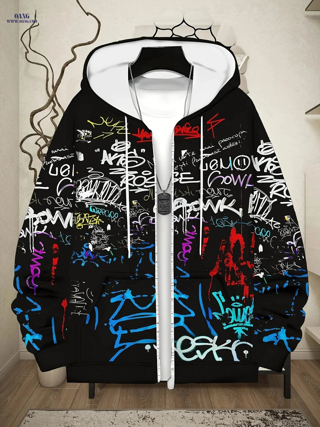 Men's Stylish Hooded Zip-Up Sweatshirt - Graffiti Print for Fall   OAXG 