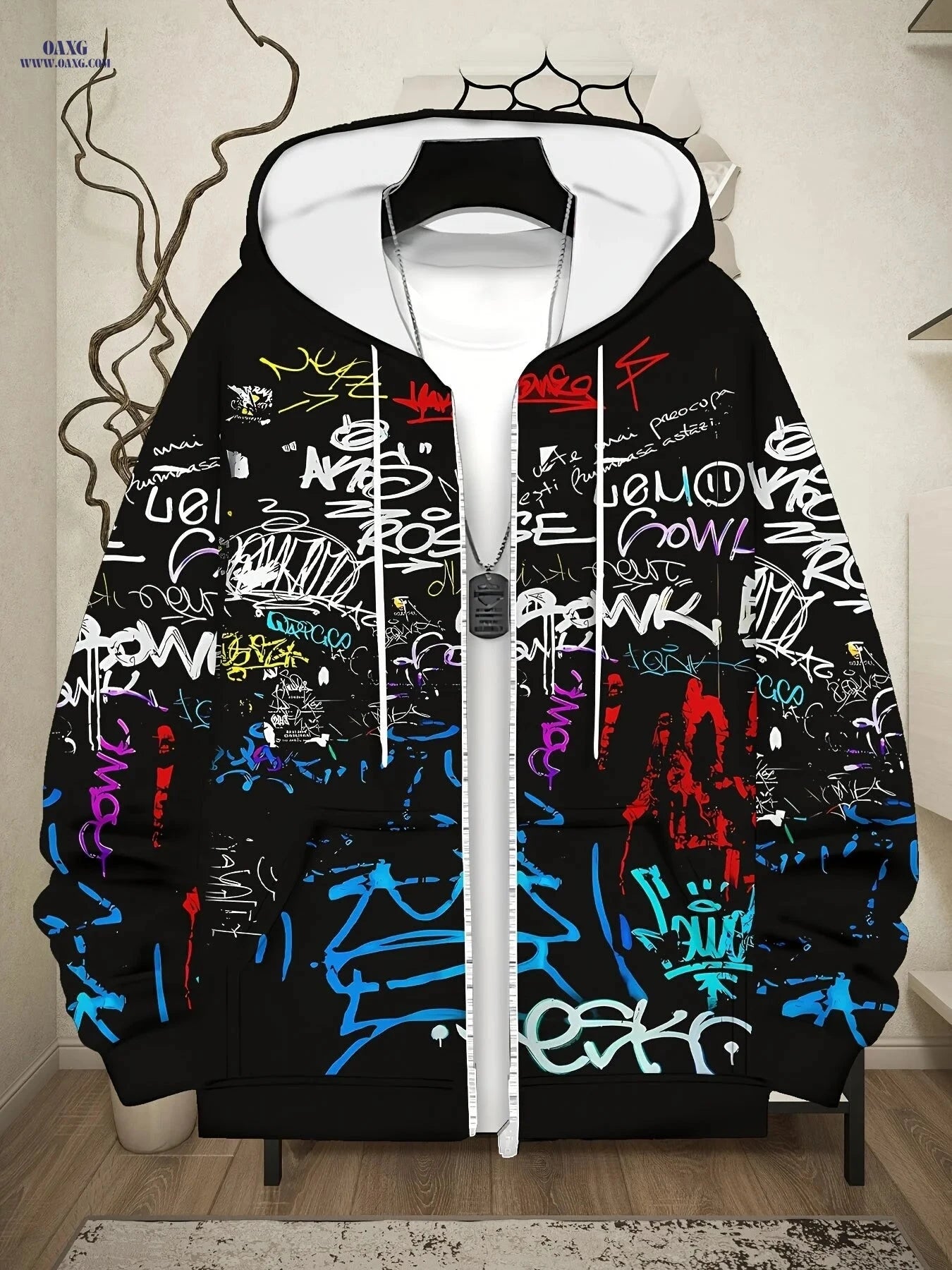Men's Stylish Hooded Zip-Up Sweatshirt - Graffiti Print for Fall   OAXG 