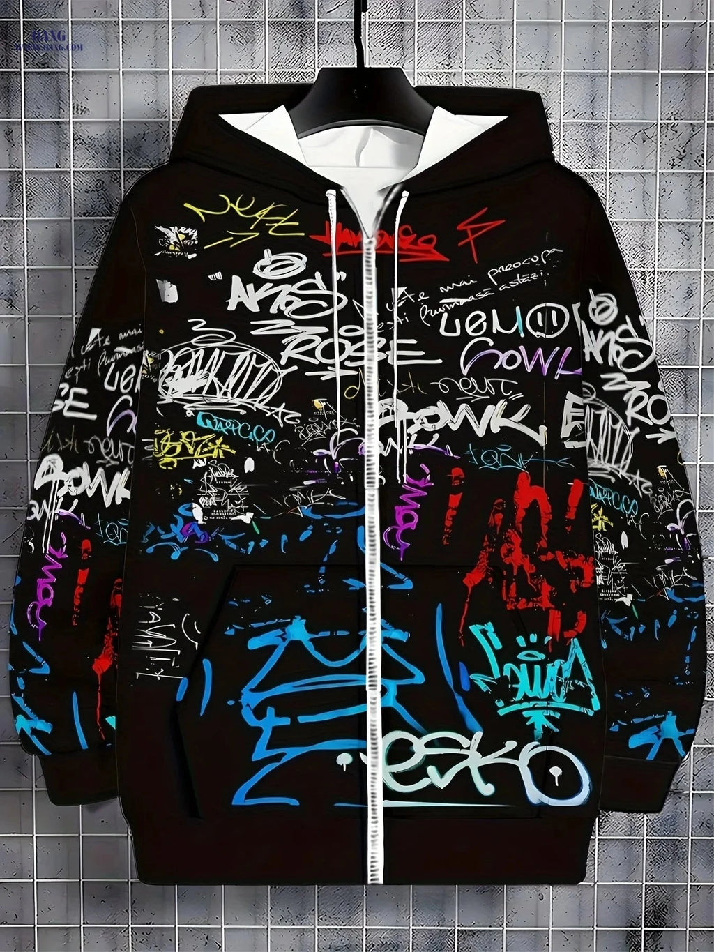 Men's Stylish Hooded Zip-Up Sweatshirt - Graffiti Print for Fall   OAXG 
